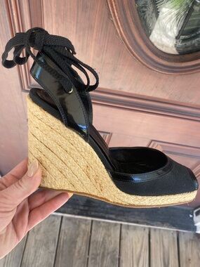 FENDI- Black Espadrille Wedge Sandals with Ankle Tie